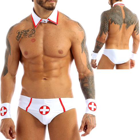 Adult Mens Sexy Doctor Nurse Uniform Halloween Role Play Costume Outfit Fancy Clubwear Jockstraps Briefs with Collar and Cuff