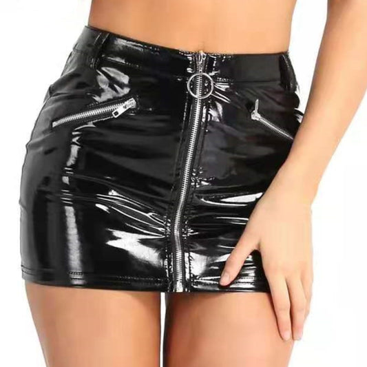 Women Sexy Wetlook Leather Sheath Dress Female Erotic Porn Opening Crotch Bag Hip Skirt Glossy Shaping Latex Waist Mini Skirt