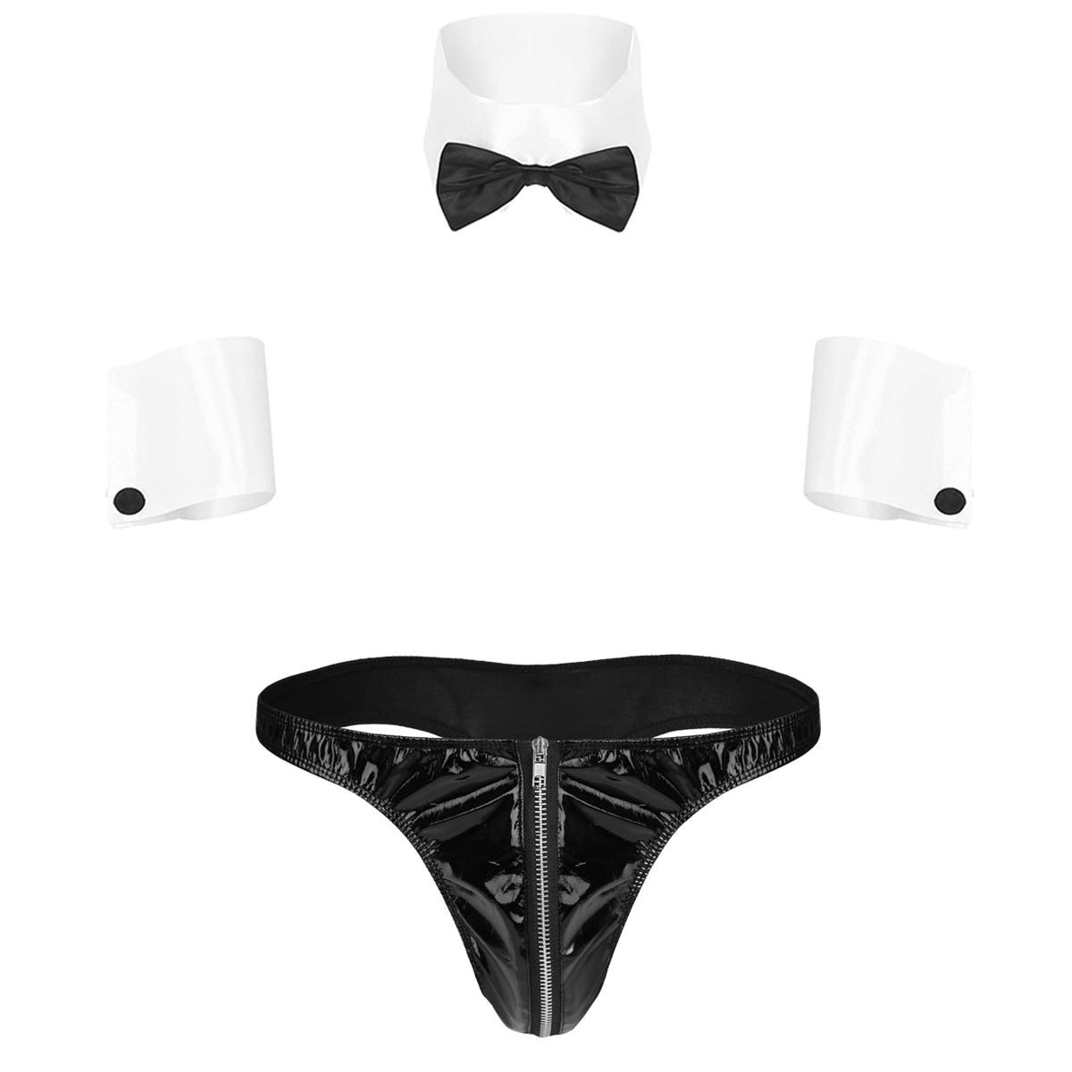 Waiters Role Play Sexy Gay Men Lingerie Set Adult Dancer Costume Bowknot Collar Cuffs with Mesh Briefs Back Rabbit Ear Underwear