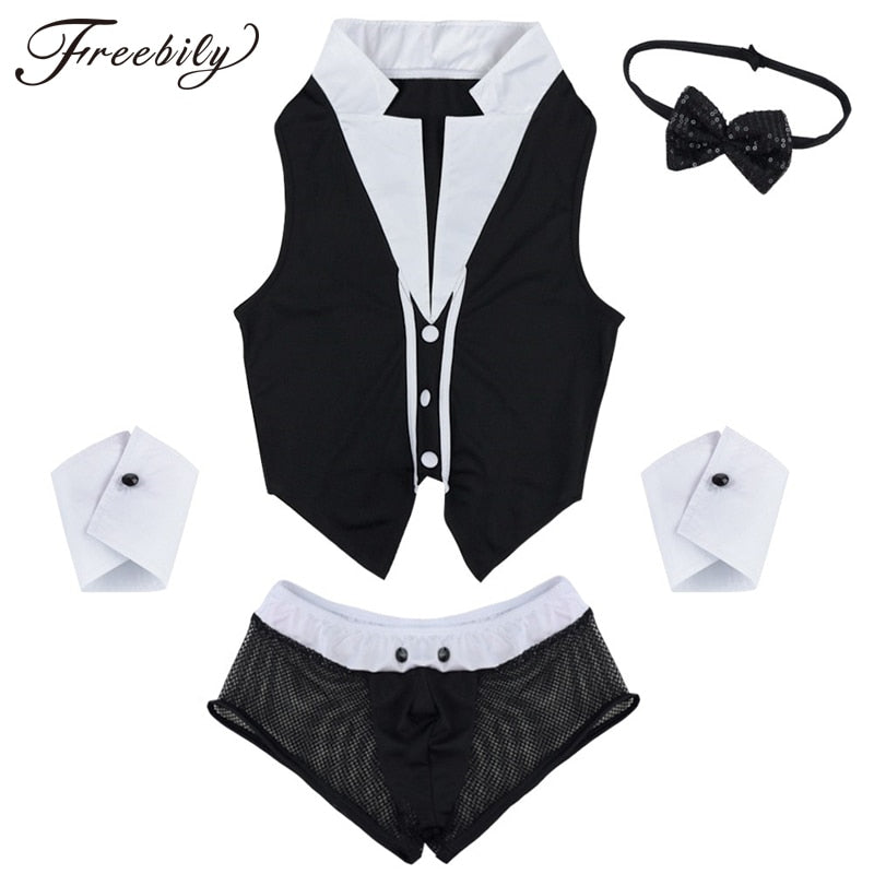 Hot Mens Maid Role Play Costume Erotic Sexy Halloween Outfits Tops Boxer Briefs Underwear with Collar Handcuffs Lingerie Set