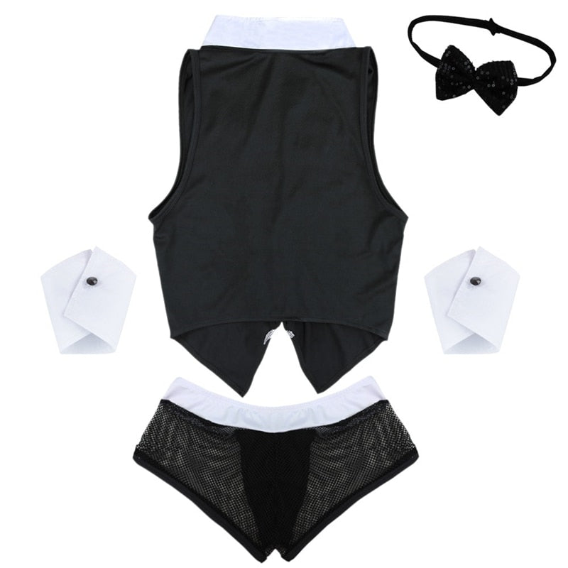 Hot Mens Maid Role Play Costume Erotic Sexy Halloween Outfits Tops Boxer Briefs Underwear with Collar Handcuffs Lingerie Set