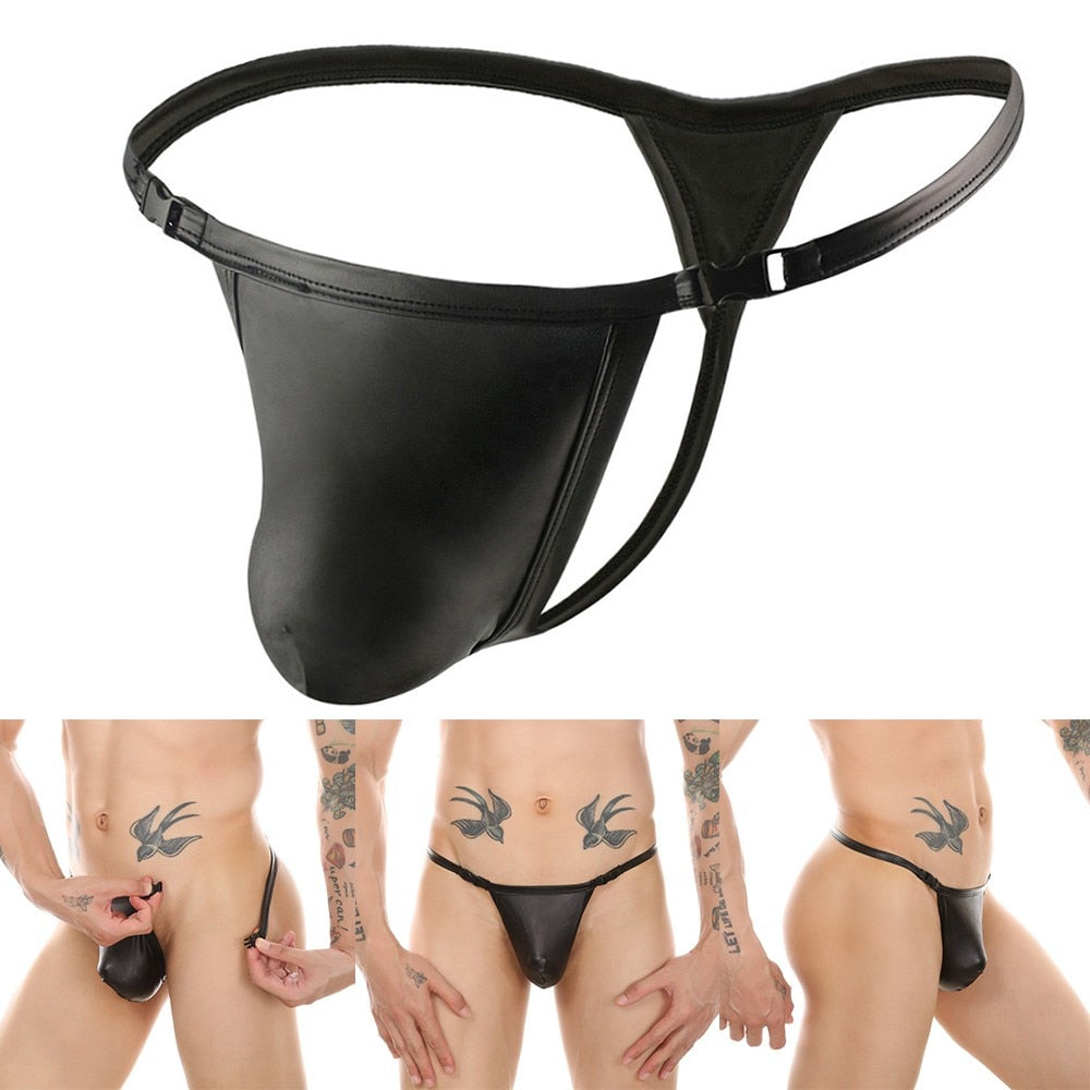Buckle T-Back Underpants Men Leather Wet-Look Thong Sexy Low Waist G-String Leather Tangas Gays Homo Jockstrap Lingerie A50