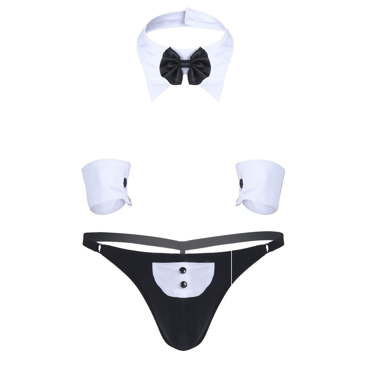 Waiters Role Play Sexy Gay Men Lingerie Set Adult Dancer Costume Bowknot Collar Cuffs with Mesh Briefs Back Rabbit Ear Underwear