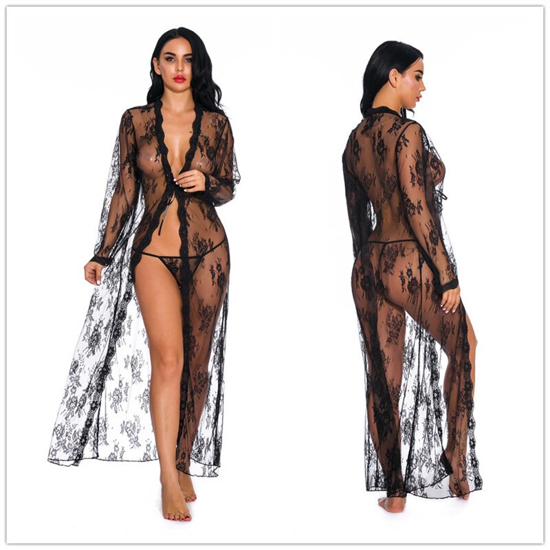 Sexy Lingerie Erotic Pajamas Lace Cardigan Long Night Gown See-through Pajamas with Panties Babydoll Erotic Transparent Dress