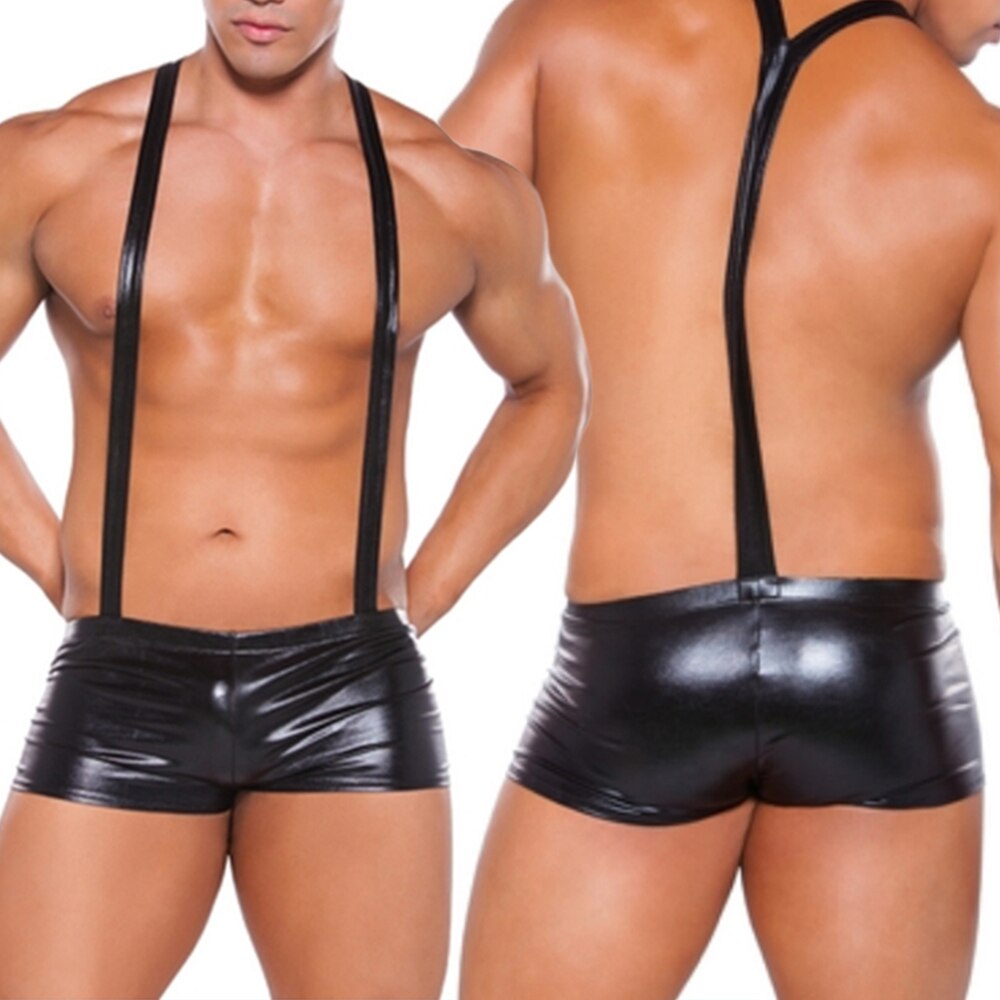 Leather Leotard Bodysuit Mens Sexy Underwear Tight-Fitting Wrestling Singlet Jumpsuit Boxer Stage Wear Fetish Lingerie Nightwear