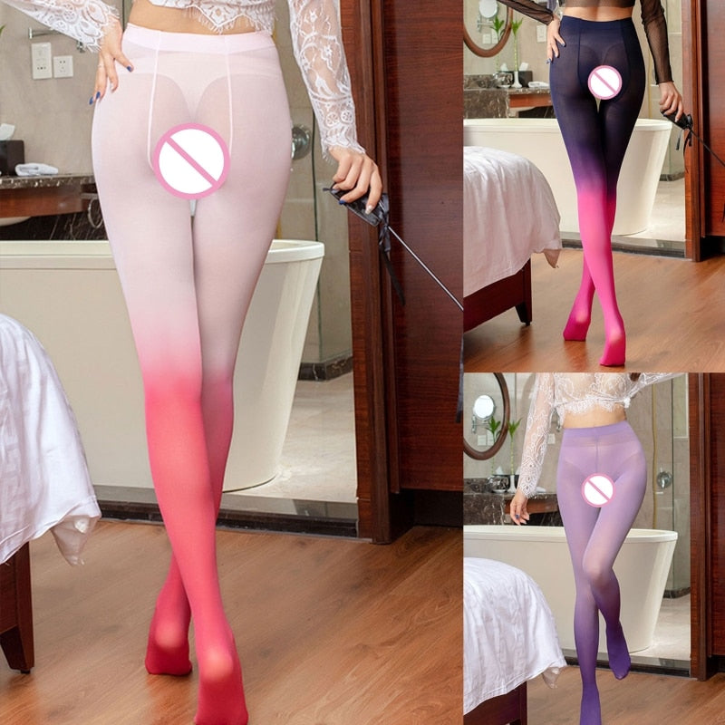 Japanese Style Gradient Color Sexy Pantyhose Opening Crotch Tight Sheer Stockings 1Pair for Women Girls Female Costume T8NB
