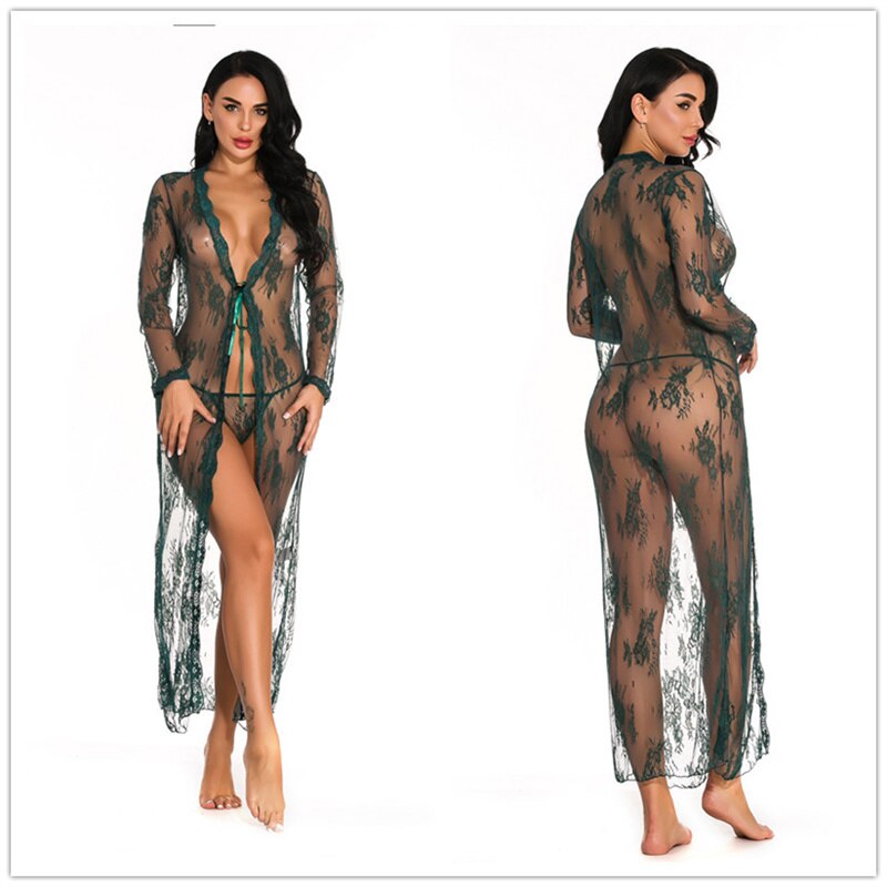 Sexy Lingerie Erotic Pajamas Lace Cardigan Long Night Gown See-through Pajamas with Panties Babydoll Erotic Transparent Dress