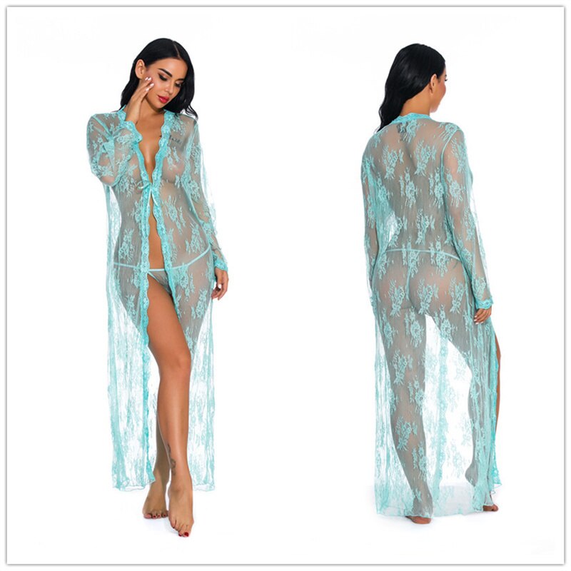 Sexy Lingerie Erotic Pajamas Lace Cardigan Long Night Gown See-through Pajamas with Panties Babydoll Erotic Transparent Dress