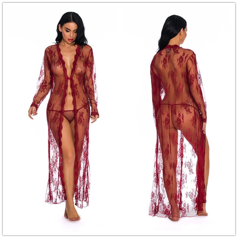 Sexy Lingerie Erotic Pajamas Lace Cardigan Long Night Gown See-through Pajamas with Panties Babydoll Erotic Transparent Dress