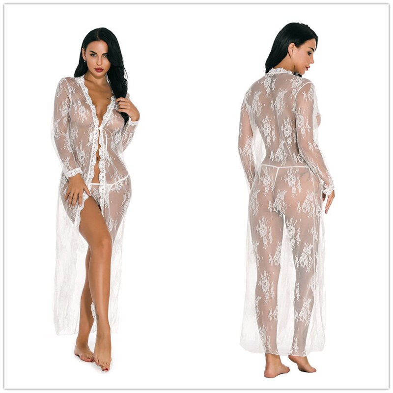 Sexy Lingerie Erotic Pajamas Lace Cardigan Long Night Gown See-through Pajamas with Panties Babydoll Erotic Transparent Dress